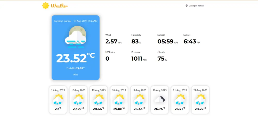 screenshot of weather application